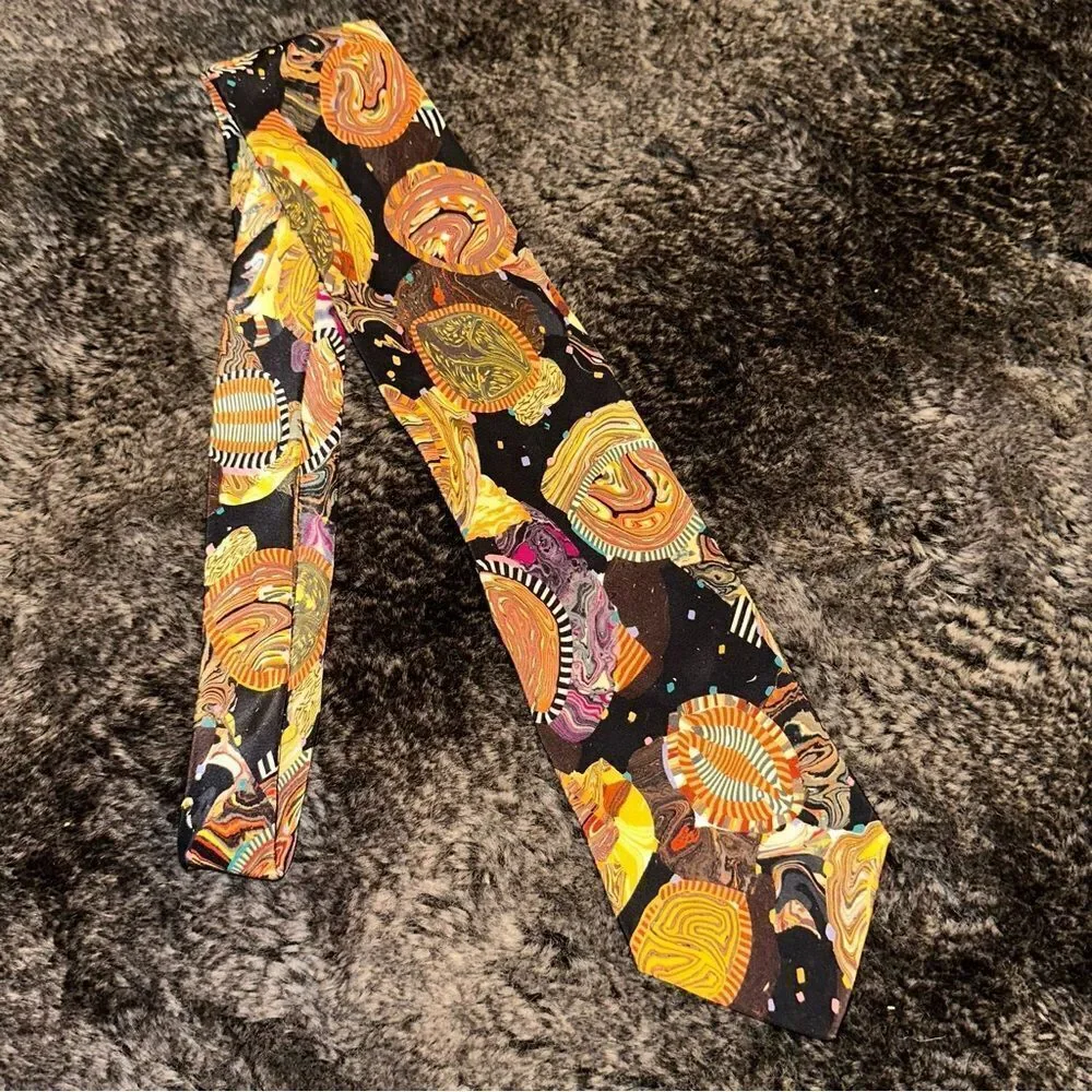 Brioni 100% Silk Black Multicolor Trippy Astronomical Handkerchief Tie OS Indie